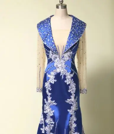 Long Sleeve Royal Blue Long Evening Gowns Long Lace appliques beading Dubai Kaftan Arabic prom Mother of the Bride Dresses - Цвет: same as picture