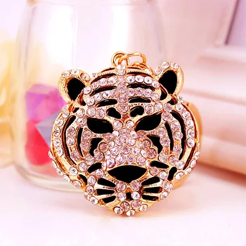

XDPQQ Cute Painted Tiger Head Keychain Creative Souvenir Car Keychain Men's Metal Rhinestone Pendant Keychain Gift