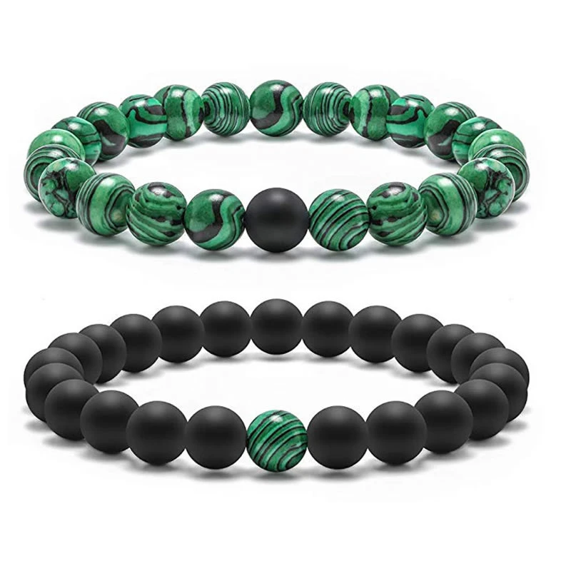 Pulsera de piedra volcánica de Lava para hombre y mujer, brazalete 8mm con cuentas de malaquita y joyería|Pulseras de hilo|