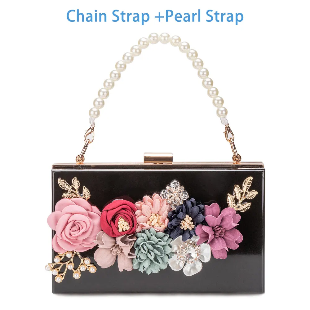Black Flower Purse Женский акриловый цветочный клатч, Сумочка через плечо, вечерние сумки, ремешок на цепочке для свадьбы, выпускного, банкета, идеальный подарок, Золотая рамка - Цвет: Black Flower Purse