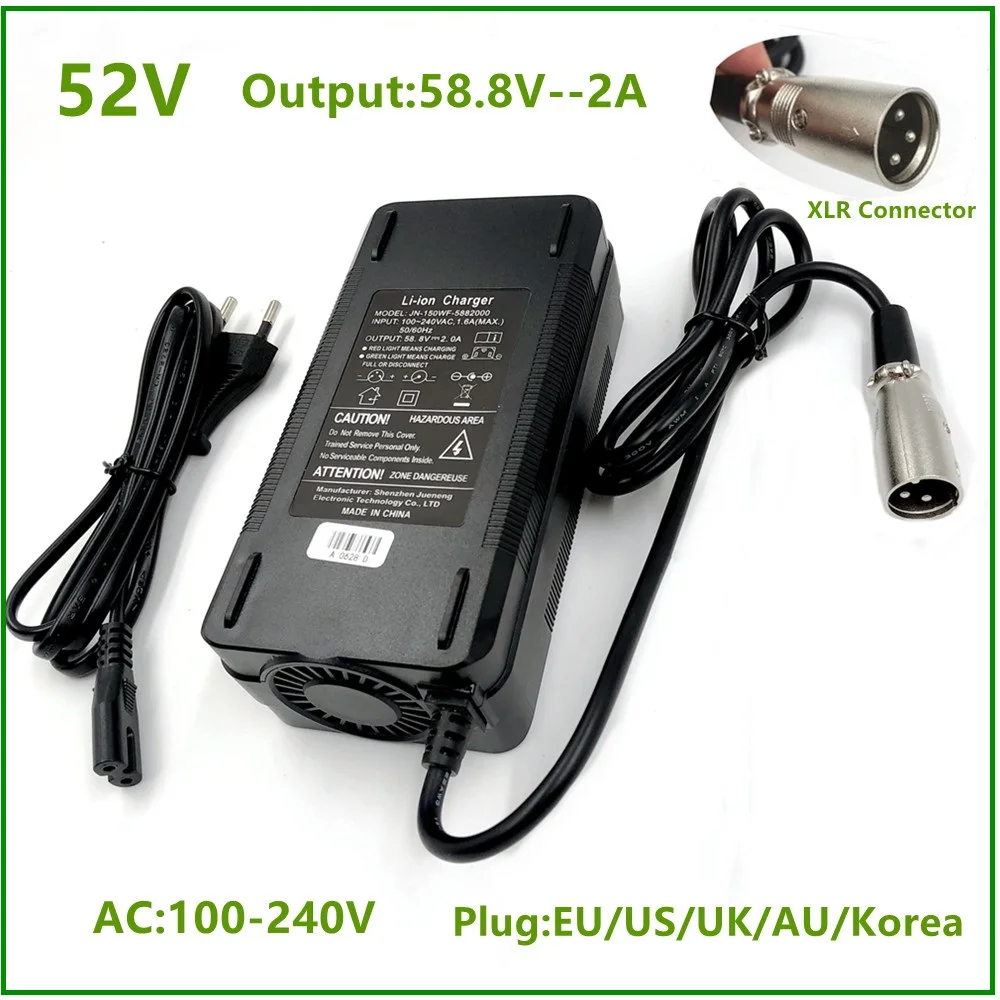 

58.8V 2A Electric Bike Charger For 14S 48V/52V lithium Battery e-bike Charger High quality Strong with Cooling fan XLR Connector