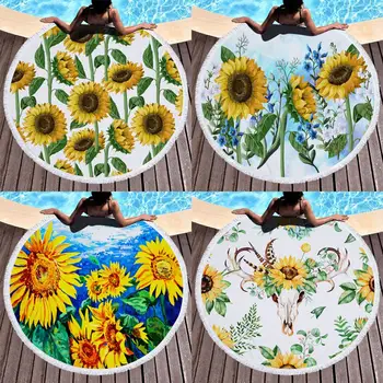 

Round Sunflower Tassels Quick Dry Outdoor Summer Beach Carpet Yoga Mat Towel Sunflower Design Round Beach Towel swimming cover