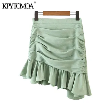 

KPYTOMOA Women 2020 Chic Fashion With Draped Ruffled Asymmetrical Mini Skirt Vintage High Waist Back Zipper Female Skirts Mujer