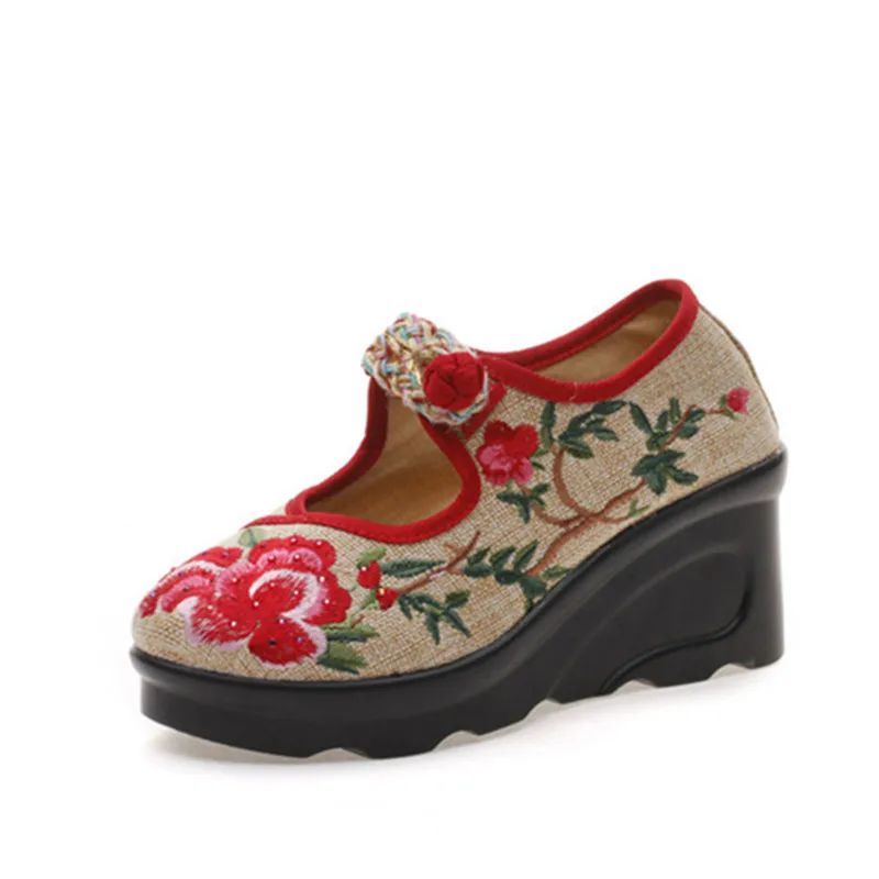 

Vintage Flowers Embroidered Women's Linen Wedge Mary Jane Pumps Ladies Casual High Heel Platforms Shoes Zapatos Mujer Size 40