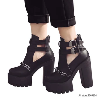 

Fashion Ankle Boots For Women High Heels Casual Cut-outs Buckle Round Toe Chain Thick Heels Platform Shoes GY003