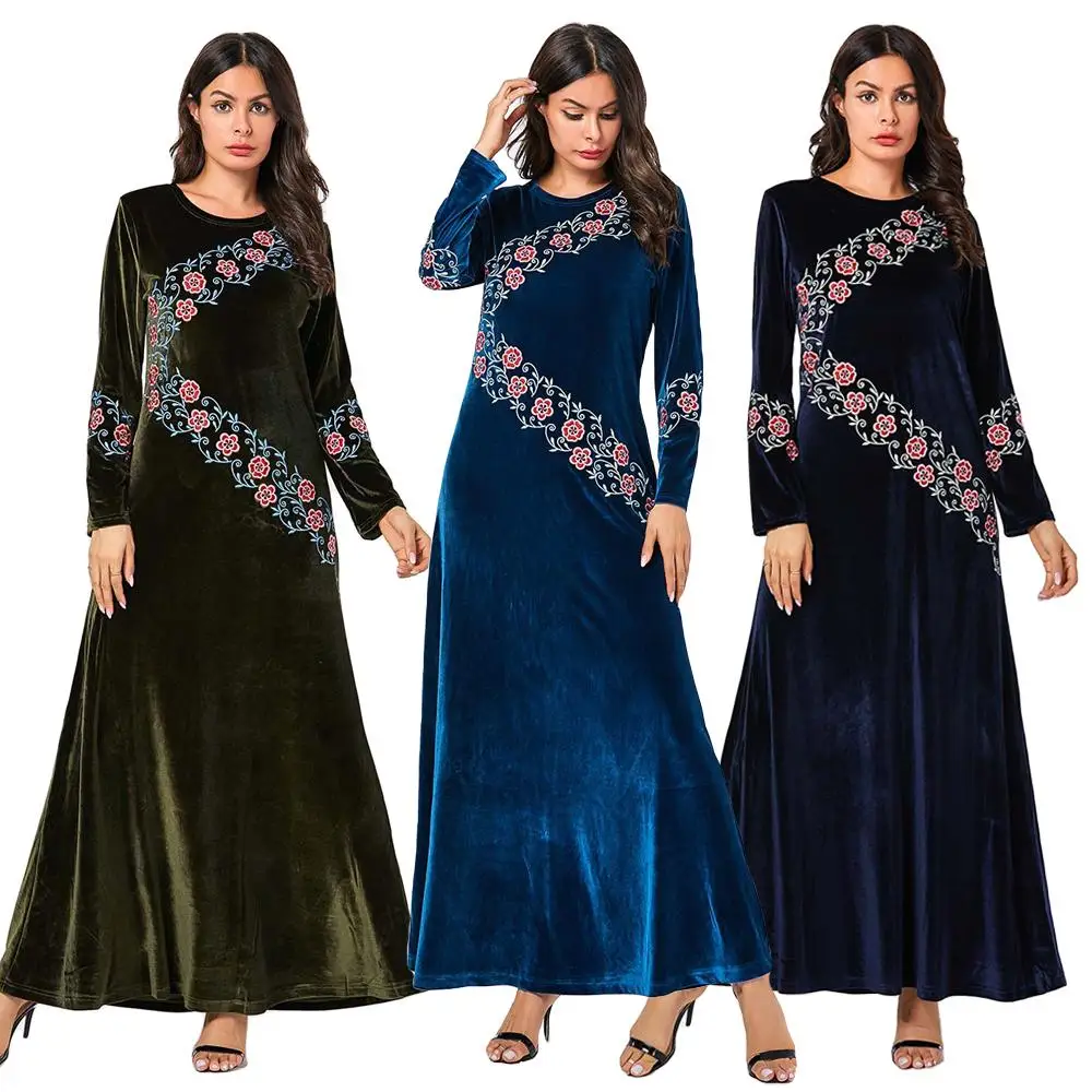 

Women Velvet Abaya Floral Embroidery Maxi Kaftan Muslim Long Robe Islamic Gown Autumn Winter Dress Long Sleeve 2019 Fashion New