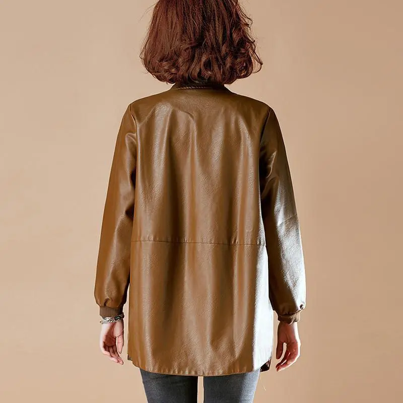 Women PU Leather Jacket 2024 New Female Spring Autumn Large Size 6XL Coats Female Mid-length Leather Overcoat PU Leather jacket