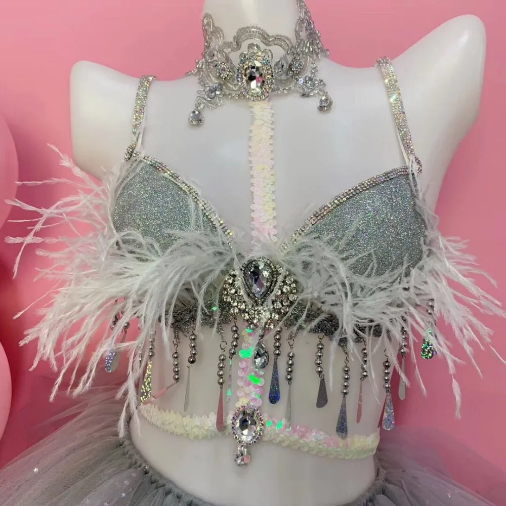 Блестящий бюстгальтер с бахромой и кристаллами, юбка-пачка, мини-юбка, наряд, сексуальный DJ, Женский певец, танцевальный костюм, для бара, клуба, вечерние, для праздника, шоу, одежда для сцены