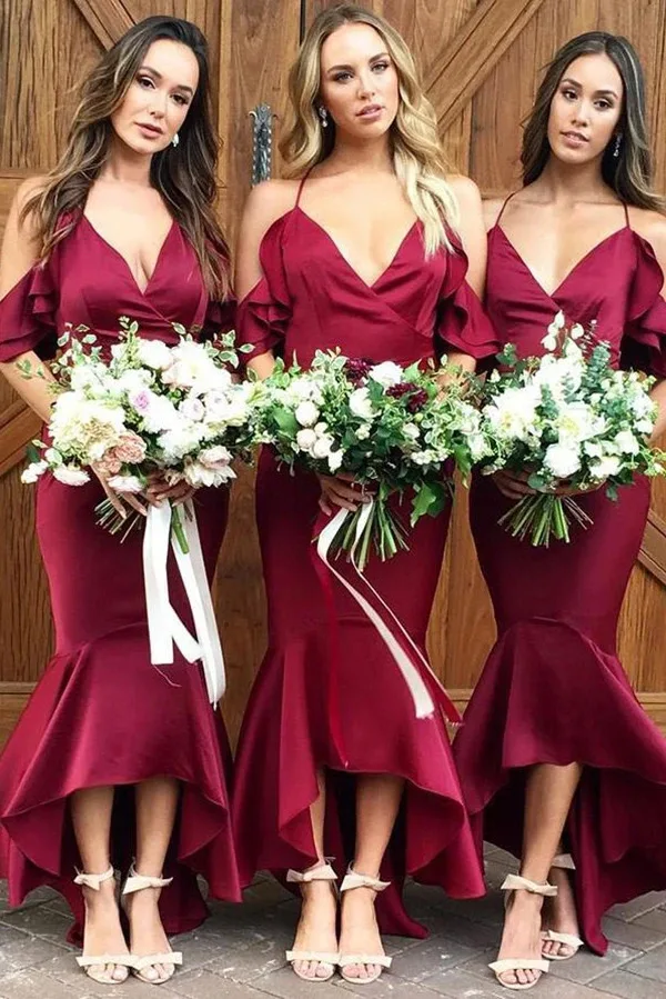 

Mermaid Satin Bridesmaid Dresses Burgundy Party Gown Deep V-neck Spaghetti Straps High Low Robe