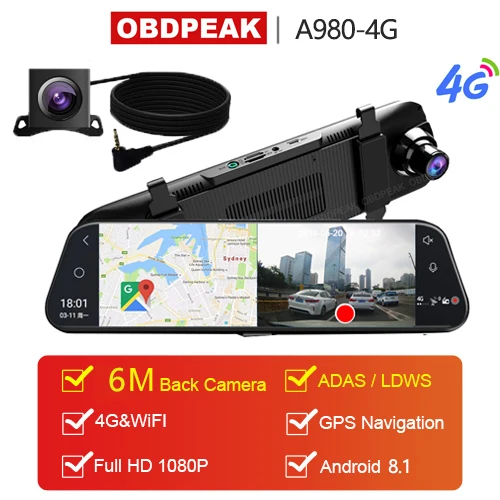 A980 with 6M Camera Android 8,1 4G Автомобильный видеорегистратор 1" поток зеркало заднего вида FHD 1080P ADAS DashCam камера видеорегистратор авто регистратор видеорегистратор gps Видеорегистраторы - Название цвета: A980 with 6M Camera