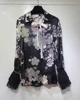 

100% Silk Shirt Women Vintage Colorful Print Shirt Fashion Ladies Van Gogh Female Runway Shirt