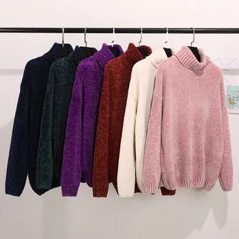

Chic Vintage chenille Cashmere Womens Full sleeve Gold velvet Sweaters Winter Ladies Solid Turtleneck Loose female jumpers 2020