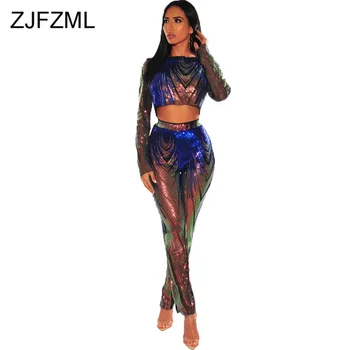 

Shiny Sequin Embroidery Two Piece Set Sweatsuit for Women Round Neck Full Sleeve Crop Top and Pencil Pants Sexy Club Outfits