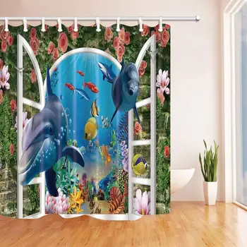 

3D Fish Decor Shars and Dolphins Swim Through Window in Sea Shower Curtains Polyester Fabric Waterproof Bath Curtain 69X70in