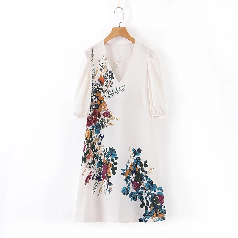 Женское белое платье с v-образным вырезом повседневное свободное длинным рукавом
