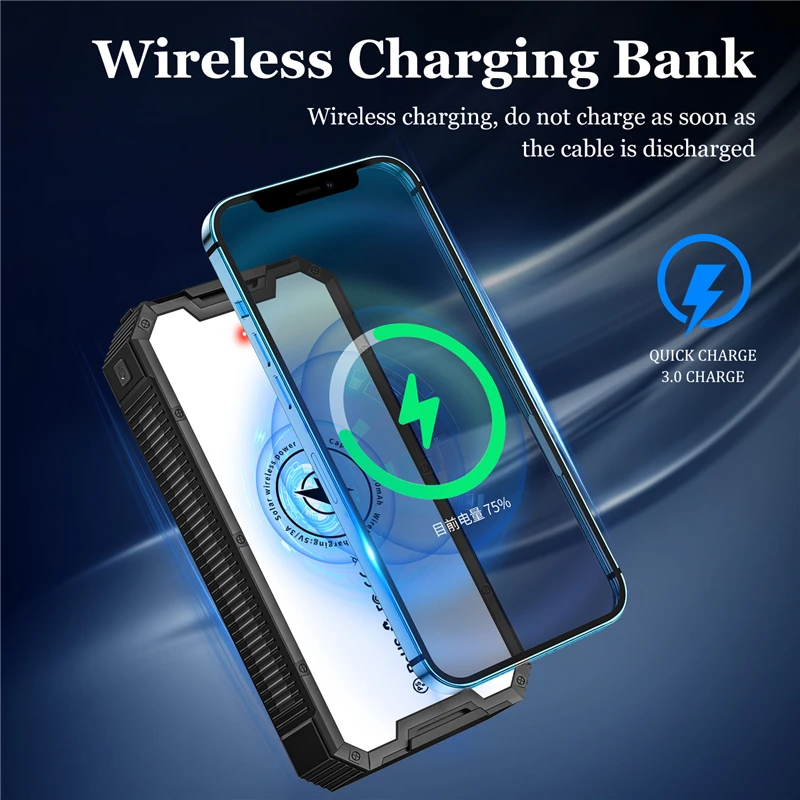powerbanks 36800mAh Wireless Solar Power Bank 15W Fast Charging Powerbank for iPhone 12 Samsung S21 Xiaomi Poverbank with LED Camping Light best power bank