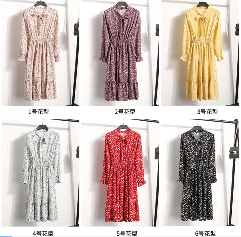 Beautiful Fashion Spring Autumn Women Long Sleeve Dress Retro Collar Casual Slim Dresses Floral Printing Chiffon Sexy
