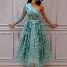 Мятно-Зеленые Короткие платья для выпускного вечера с длинным рукавом на одно плечо, платья для выпускного вечера, кружевные 3D цветы, платье для особых случаев