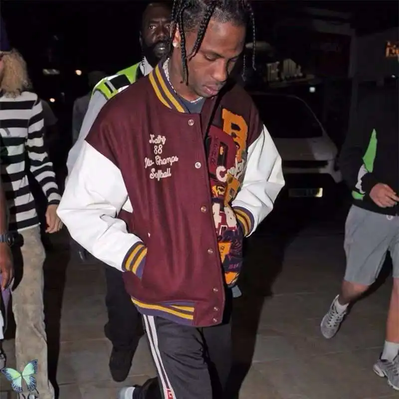 

TRAVIS SCOTT Baseball Jacket Fur Leather Sleeves Stitched Men Women Coach Jacket Button Jacket Cardigan