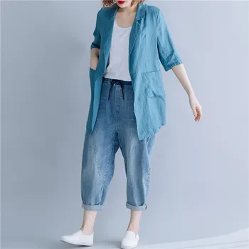 

[EWQ] 2020 Spring Summer New Arrivals Notched Half Sleeve Single Button Solid Pattern Pockets Women Casual Loose Cot AW59705XL