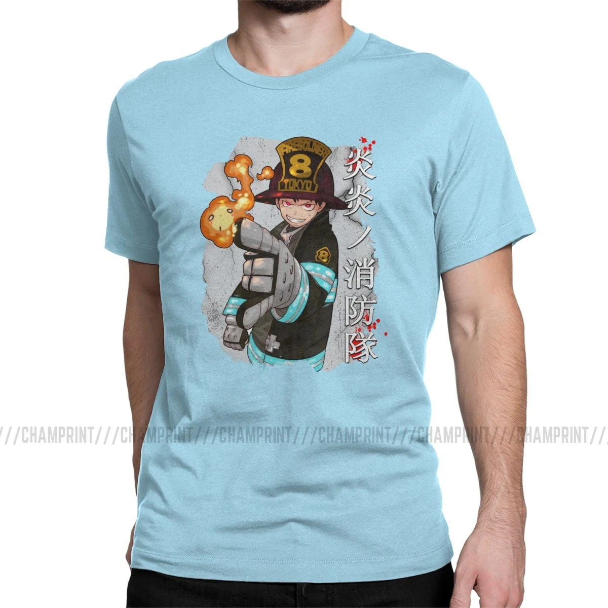 Shinra Fire Force Мужская футболка пожарный герой аниме Уникальные футболки с коротким рукавом Круглый вырез футболки хлопок 5XL 6XL одежда - Цвет: Небесно-голубой