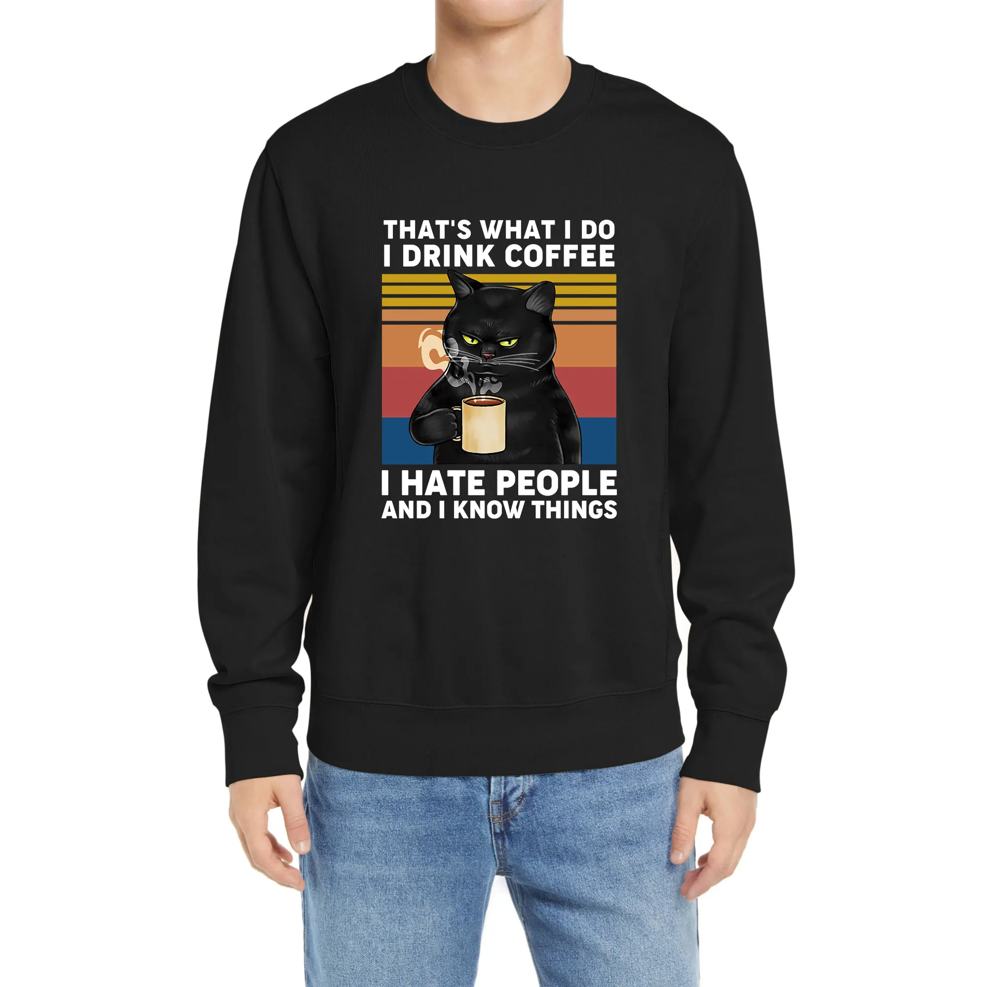Cotton Funny Black Cat That's What I Do I Drink Coffee I Hate People Vintage Men's Fleece Casual Pullover Hoodies Sweatshirts