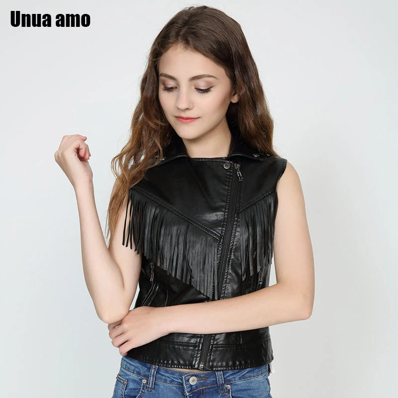 

Unua amo Leather Vests For Women Short Slim Spring Summer Waistcoat 2020 Black Faux Leather Sleeveless Fringe Jacket Women