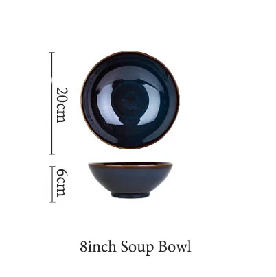 Тусклый темно-синий цвет керамическая посуда Европейская ретро глазурованная посуда керамическая фарфоровая тарелка Бытовая рисовая тарелка - Цвет: 8inch Soup Bowl