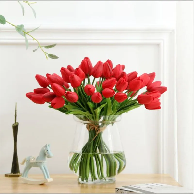 1PC Leaf Red 31 шт./лот, искусственные цветы-тюльпаны, искусственные цветы из искусственной кожи Калла, настоящие цветы для свадебного украшения, вечерние украшения для дома - Цвет: 1PC Leaf Red