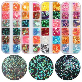 

12 Grid/set Colorful Laser Nail Flake Maple Leaf Nail Shape Paillette Glitter Leaves Flake Nail Holographic Sequins Glitter W2X5