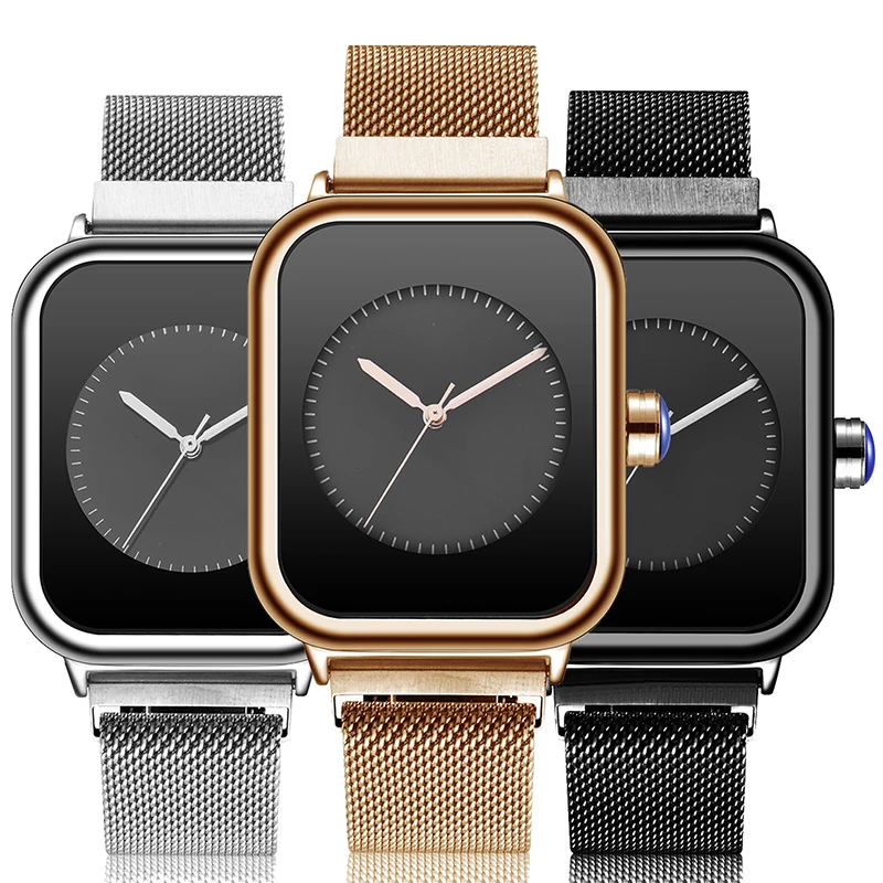 Creative Square Watch Women Men Unique Simple Quartz Wrist Watches Magnet Magetic Steel Strap Bracelet Female Clock Reloj mujer