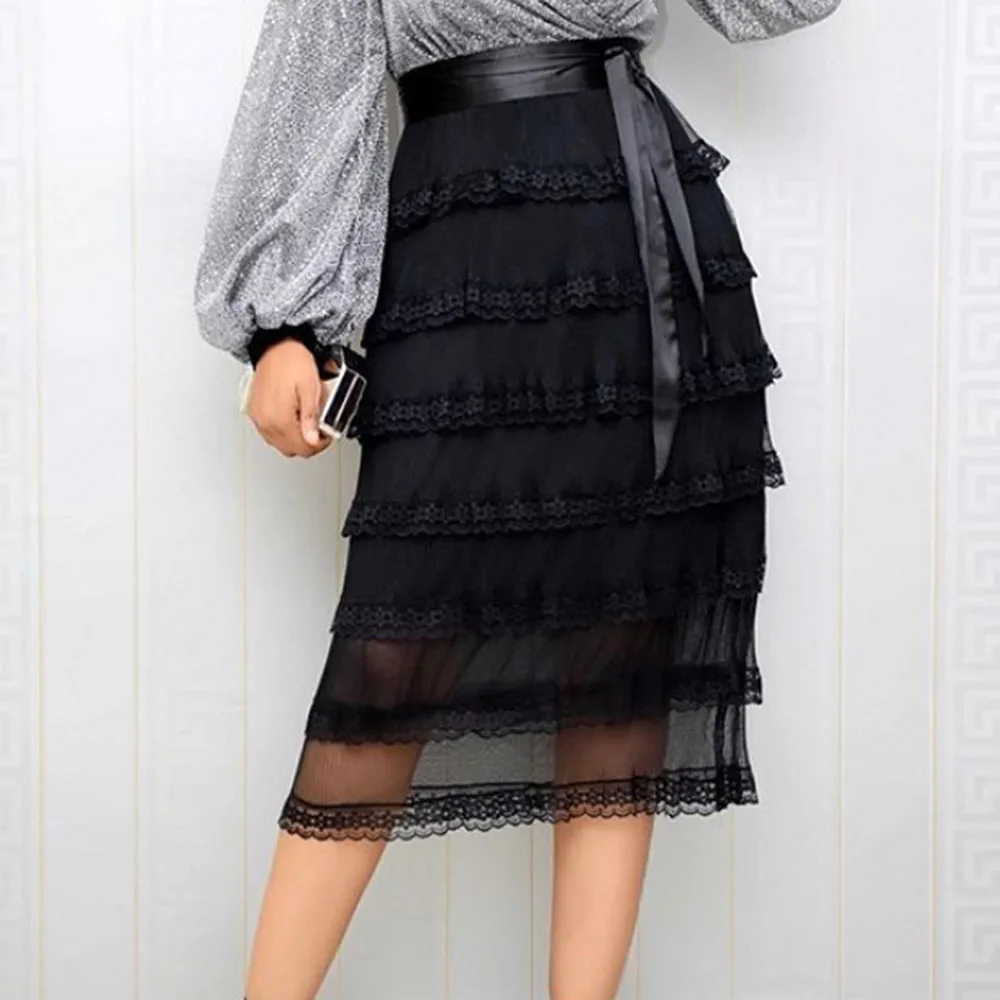 

Spring Autumn Women's Clothing Skirt High Waist Pleated Lace Casual A-Line Skirt With Belt Fashion Women Half-Length Skirts