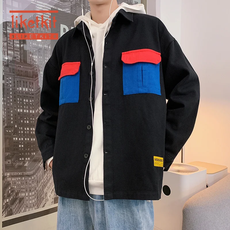 

Liketkit Autumn Jackets Men 2019 Color Patch Pockets Loose Cargo Jackets and Coats Male Oversize Japanese Vintage Streetwear 5XL