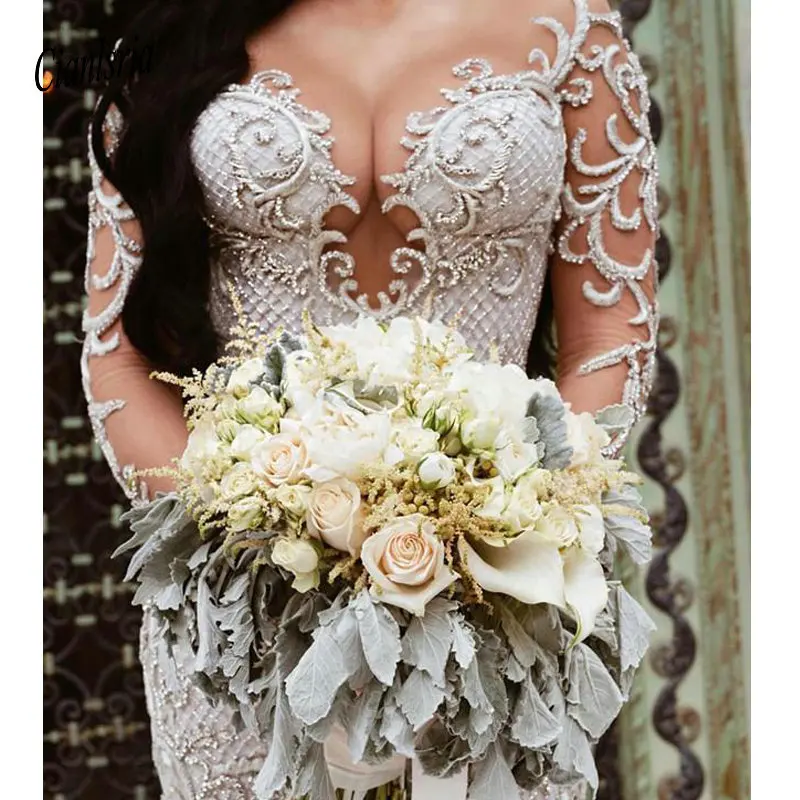 Сексуальные арабские подвенечные платья Русалка бисером вышивка Свадебная платья Sheer шеи с длинным рукавом Свадебные платья Vestido De Novia