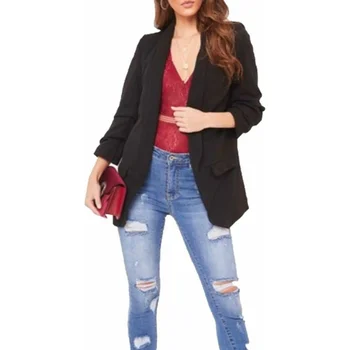 

Fashion Women Blazer Ruffled 3/4 Sleeve Cardigan Popular Pleated Solid Color Pocket Blazer