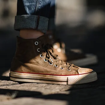 

Men's Retro Brown Canvas Shoes Vulcanized Shoes High Top Lace Up Sneaker Casual Spring Flat Shoes Unisex shoes Canvas shoe
