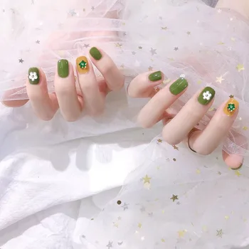 

Summer Fashion Avocado Green&white 3D Flower Curved Acrylic False Nails Cute Full Cover Square Head Fake Nails with Glue DL