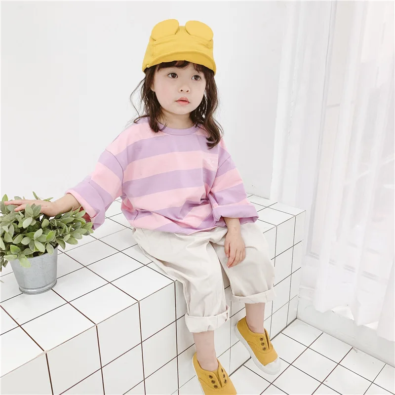 Fashion Spring Autumn Pure Cotton Boys Girls Clothes Baby Girls Boys T-Shirt Children Coat Long Sleeved Stripe T-Shirt