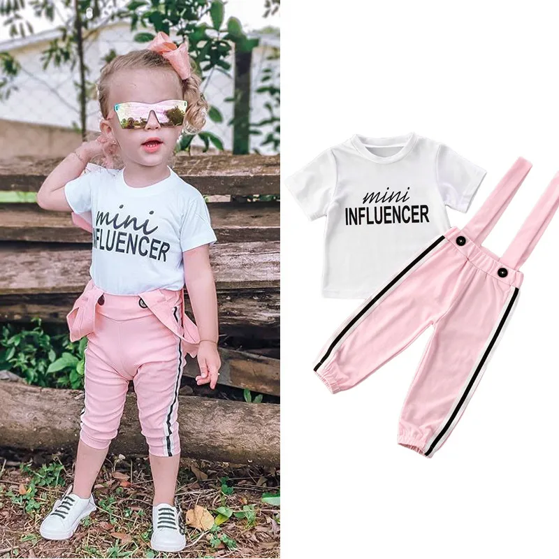 

Toddler Kids Baby Girls Summer Outfits Infant Clothes Sets Letter Print T-Shirts Suspender Pants Girls Casual Outfit Tracksuits