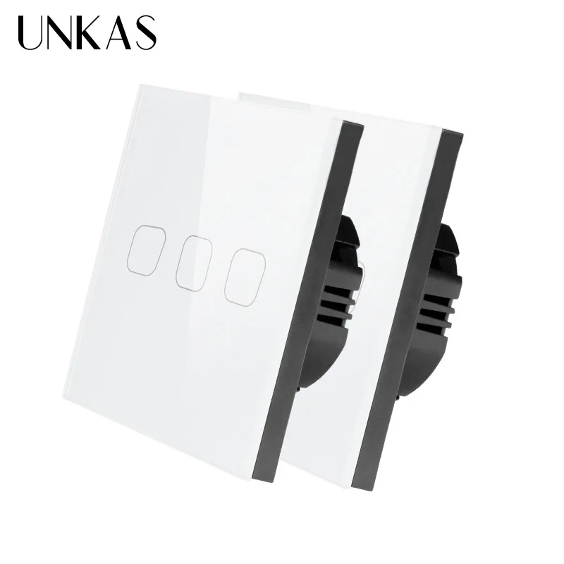 2 pcs white 3 gang UNKAS AC220V, 1/2/3 1Way светильник стены Сенсорный экран переключатель сенсорный выключатель света ЕС Стандартный сенсорный выключатель с украшением в виде кристаллов Стекло Панель сенсорный выключатель, 2 предмета в комплекте - Цвет: 2 pcs white 3 gang