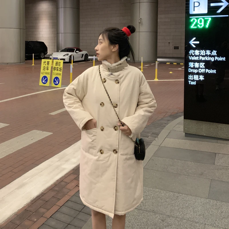 Harajuku, куртка из овечьей шерсти, женская мода, двубортный, с длинным рукавом, Термальный, хлопок, куртка для девушек, одноцветная, тонкая, мешковатая, для женщин