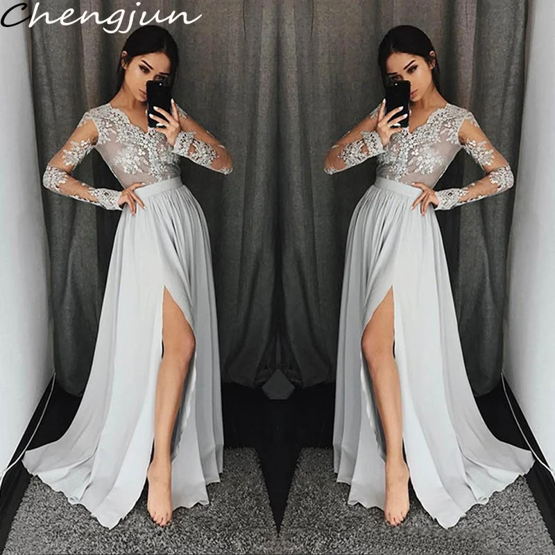 Chengjun с коротким шлейфом, серое платье с высоким разрезом, кружевное платье с длинным рукавом и v-образным вырезом для выпускного вечера