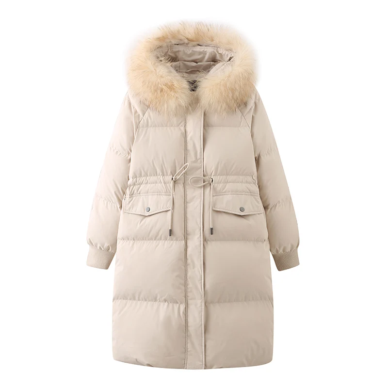 Autumn and Winter New Big Fur Collar Hooded Loose Mid-Length Fashionable Warm down Jacket Thickened Coat