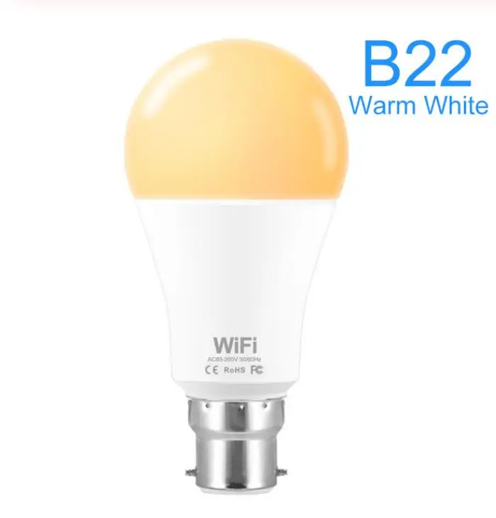 B22 Warm White Умный светильник, лампа с WiFi, светодиодная, 15 Вт, E27, B22, 110 В, 220 В, с регулируемой яркостью, WiFi, умная светодиодная лампа, теплый белый/белый, поддержка Alexa, Google Home - Испускаемый цвет: B22 Warm White