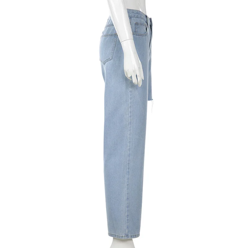 Light Blue Ripped Jeans Women Straight Leg Denim Pants Ladies Knees Ripped Destroyed Loose Fit Washed Boyfriend Jeans Trousers
