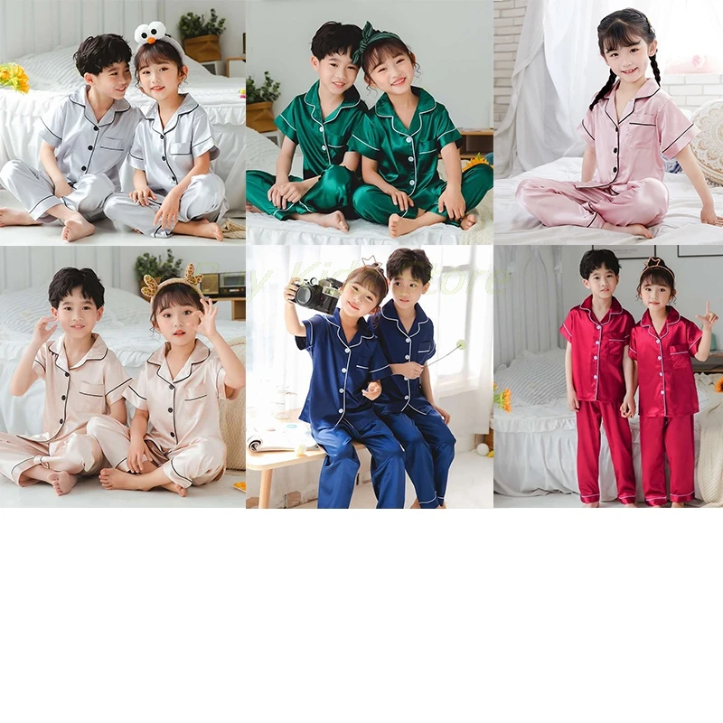 night gowns cheap Children's Sleepwear Satin Pajama Suits Spring Long Sleeves Homewear Sibling Silk Nightwear Baby Girls Clothes Pink Pajama Suits pajama sets button up	