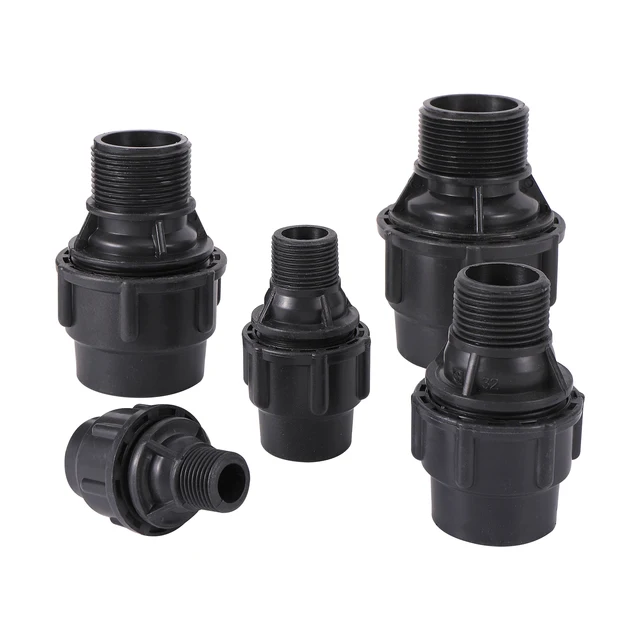 Fekete Pe Vízcsövek Egyenes Redukciós Tengelykapcsoló 20/25/32/40/50 Mm Pvc Csőszerelvények 1/2 "3/4" 1 "1" 1,2 "1,5" Férfi Szál Adapter