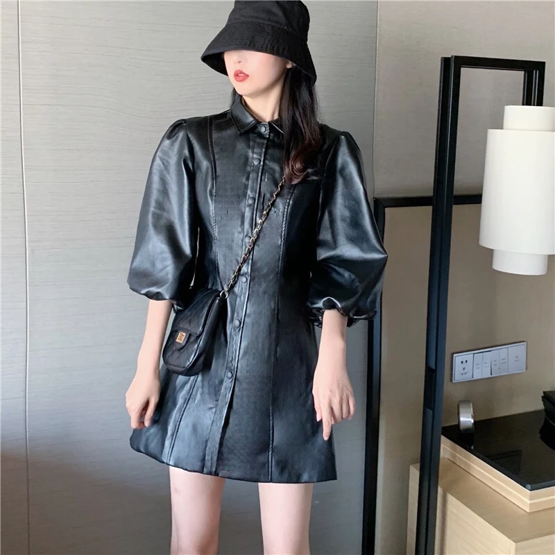 Neploe Autumn Winter Retro French Leather Dress Slim Fit Temperament High Waist Vestido Solid A Line Turn Down Collar Ropa 47018