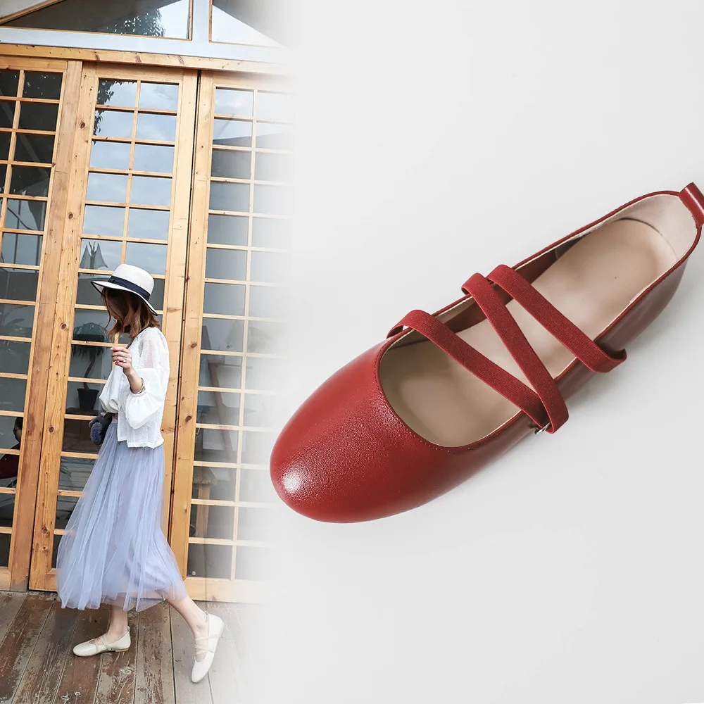 

2019 Spring New Style Low-top Shoes Korean-style Flat Heel Genuine Leather Pumps Bandage Cloth round Head Single Shoes Women's F