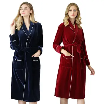 

Women Winter Velvet Long Kimono Bath Robe Striped Plush Warm Nightgown Sleepwear